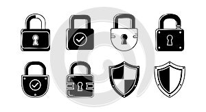 Security padlock icons shield protection symbols vector illustration set black white secure design