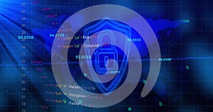 Security padlock and shield icon and stock market data processing over world map on blue background