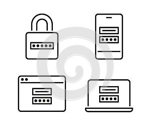 Security password, device lock technology, line icons set. Personal code on lock, smartphone, computer, account on site
