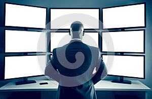 Security professional monitoring multiple blank screens in a control room