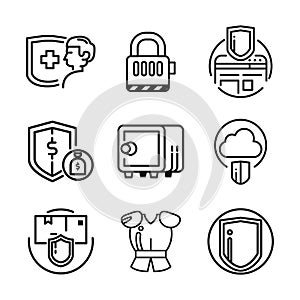Security And Protection Icon Set Black And White Illustration