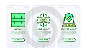 Security and protection thin line icons: firewall, cyber security, antivirus. Vector illustration
