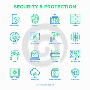Security and protection thin line icons set