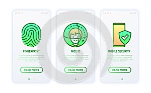 Security and protection thin line icons set: fingerprint, face ID. Vector illustration for user mobile app