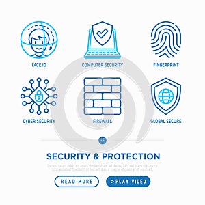 Security and protection thin line icons set:  fingerprint, firewall, face ID, cyber security. Modern vector illustration