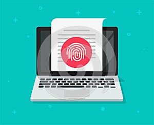 Security protection via touch fingerprint or thumbprint on computer laptop document vector, flat pc privacy id identify thumb