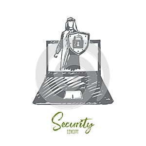Security, reliability, GDPR, Arab, technology concept. Hand drawn isolated vector.