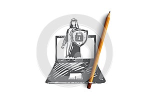 Security, reliability, GDPR, Arab, technology concept. Hand drawn isolated vector.