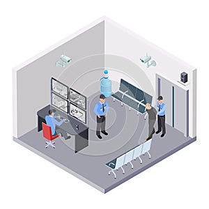 Security room in airport, railway or bus station isometric vector concept