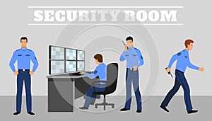 Security room and working guards. Vector concept