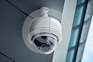 Security round dome surveillance camera on wall, modern building. CCTV in city
