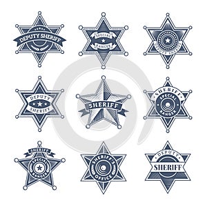 Security sheriff badges. Police shield and officers logo texas rangers vector symbols