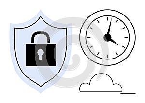 Security Shield, Clock, and Cloud Representing Data Protection and Time Management Themes
