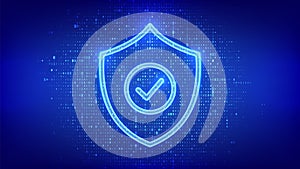 Security shield. Cyber security. Protection shield with Check mark icon made with binary code. Cyber data protection. Information