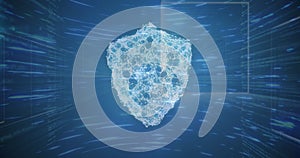 Security shield icon against light trails on blue background