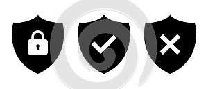 Security shield icon vector. Shields with padlock, checkmark, and cross mark symbol