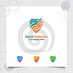 Security shield logo design with concept of protection shield vector and technology icon for data privacy, anti virus and system