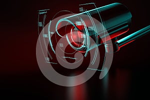 Security surveillance camera with interface or HUD around it on an even background. 3D rendering