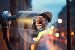 Security surveillance CCTV camera on a window with bokeh light