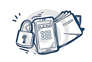Security system data folder padlock protection password concept on white background sketch doodle