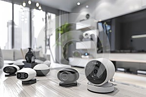 Security technology actively monitors family homes using security cameras, crisis alarms, and voice enabled security at each entra photo