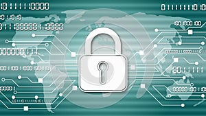 Security technology concept - padlock binary code information connecting lines world map