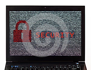 Security text with red lock over encrypted text on a laptop screen against a white background