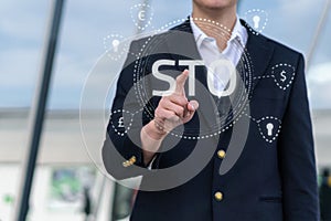 Security Token Offering STO cryptocurrency and blockchain concept, businessman pressing virtual graphics on virtual photo