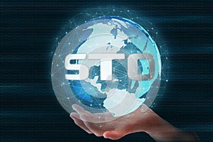 Security Token Offering STO text on 3D Rendering futuristic globe sphere led surrounded by global network connection photo