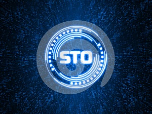 Security Token Offering STO text written in binary format on abstract dots geometry background.