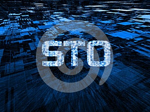 Security Token Offering STO text written in binary format over abstract geometry rectangle and glow dots background.