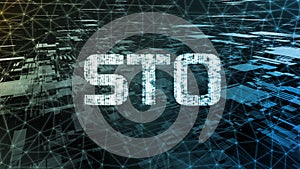 Security Token Offering STO text written in binary format on wired network connection over abstract geometry background photo