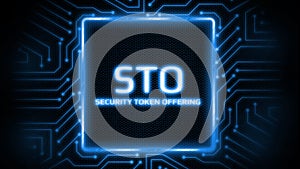 Security Token Offering STO  text written in glowing blue color on computer circuit board background. photo