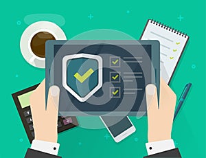 Security verification check list digital test on tablet computer software guard online vector, internet virus attack web