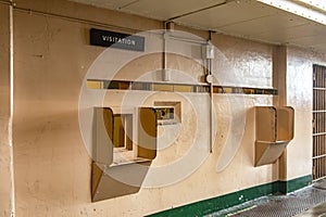 Security visitors booths of the federal prison of Alcatraz Island located in the middle of the San Francisco Bay.