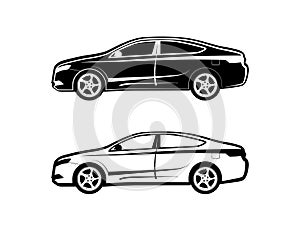 Sedan car Icon set from the side view in black and white