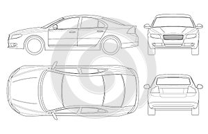 Sedan car in outline. Business sedan vehicle template vector isolated on white. View front, rear, side, top. All