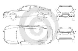 Sedan car in outline. Business sedan vehicle template vector isolated on white. View front, rear, side, top. All