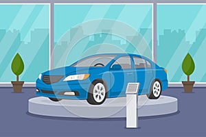 Sedan car showroom. Interior view. Flat vector illustration.