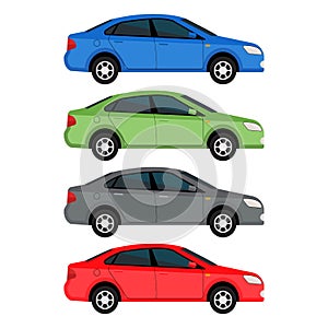 Sedan cars set isolated on white background. Side view vector illustration.