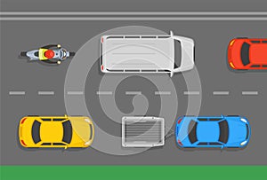 Sedan cars with trailer, minivan and motorcycle rider on lanes. Asphalt city road top view.