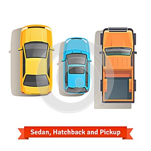 Sedan, hatchback cars and pickup truck top view