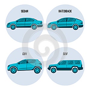 Sedan saloon passenger automobile, hatchback, crossover and sport utility vehicles