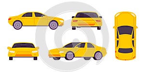 Sedan sides view. Yellow auto car or taxi template side front back top views, drive automobilism concept vehicle parking