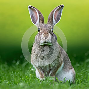 Sedate easter Champagne dArgent rabbit portrait full body sitting in green field