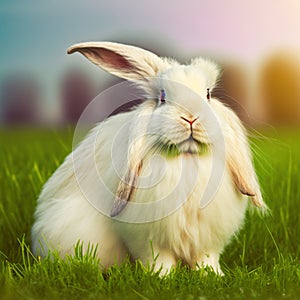 Sedate easter English Angora rabbit portrait full body sitting in green field