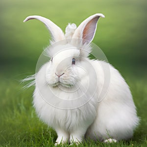 Sedate easter English Angora rabbit portrait full body sitting in green field