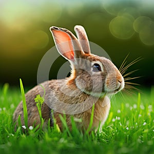 Sedate easter rabbit portrait full body sitting in green field