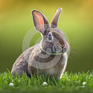 Sedate easter Rhinelander rabbit portrait full body sitting in green field photo