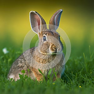 Sedate easter Rhinelander rabbit portrait full body sitting in green field photo
